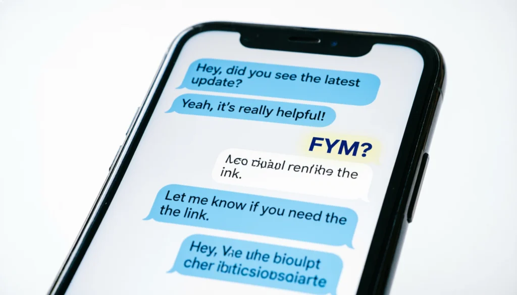 Chat message on a smartphone showing the acronym FYM and explaining its meaning in text messages.